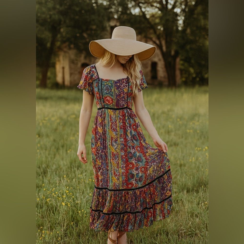 RAGA 🌈  Boho Tribal-Print Tiered Dress – Gold Glitter Accents, Flutter Sleeves